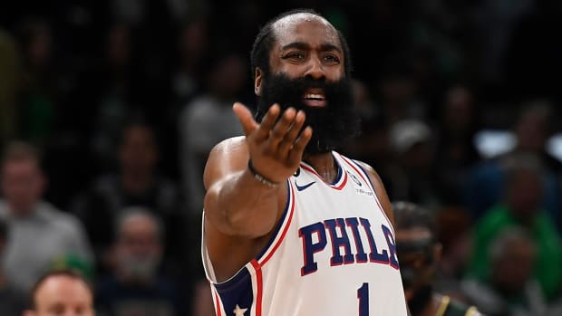 76ers guard James Harden (1) reacts in the second half during Game 5 of the 2023 NBA playoffs against the Celtics at TD Garden.
